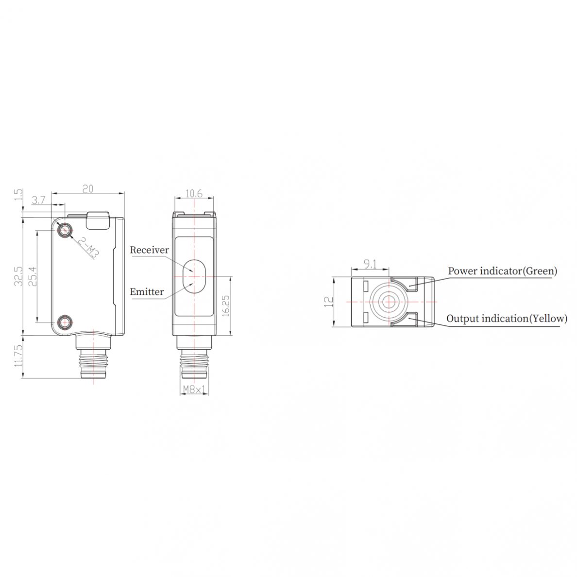 Photoelectric sensor | TOF | 3000mm | 32,5x20x12mm | 10-30VDC | NO/NC | NPN | M8 | ABS | infrared laser | IP67 1