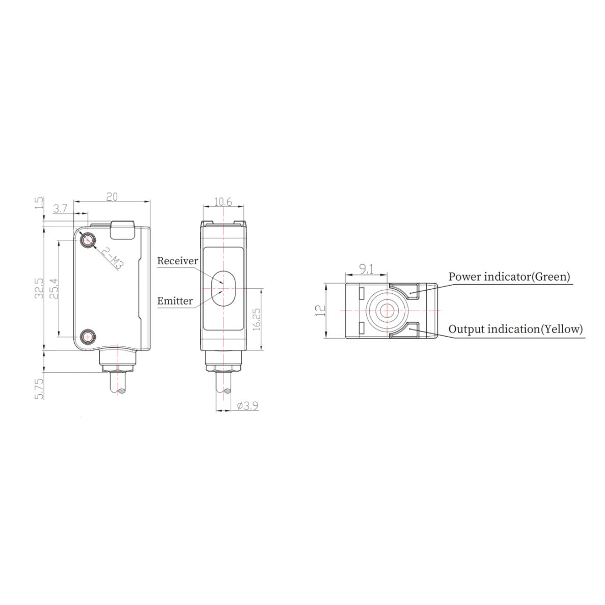Fotoelektriline andur | TOF | 1000mm | 32,5x20x12mm | 10-30VDC | NO/NC | PNP | 2 m kaabel | ABS | infrapunalaser | IP67 1