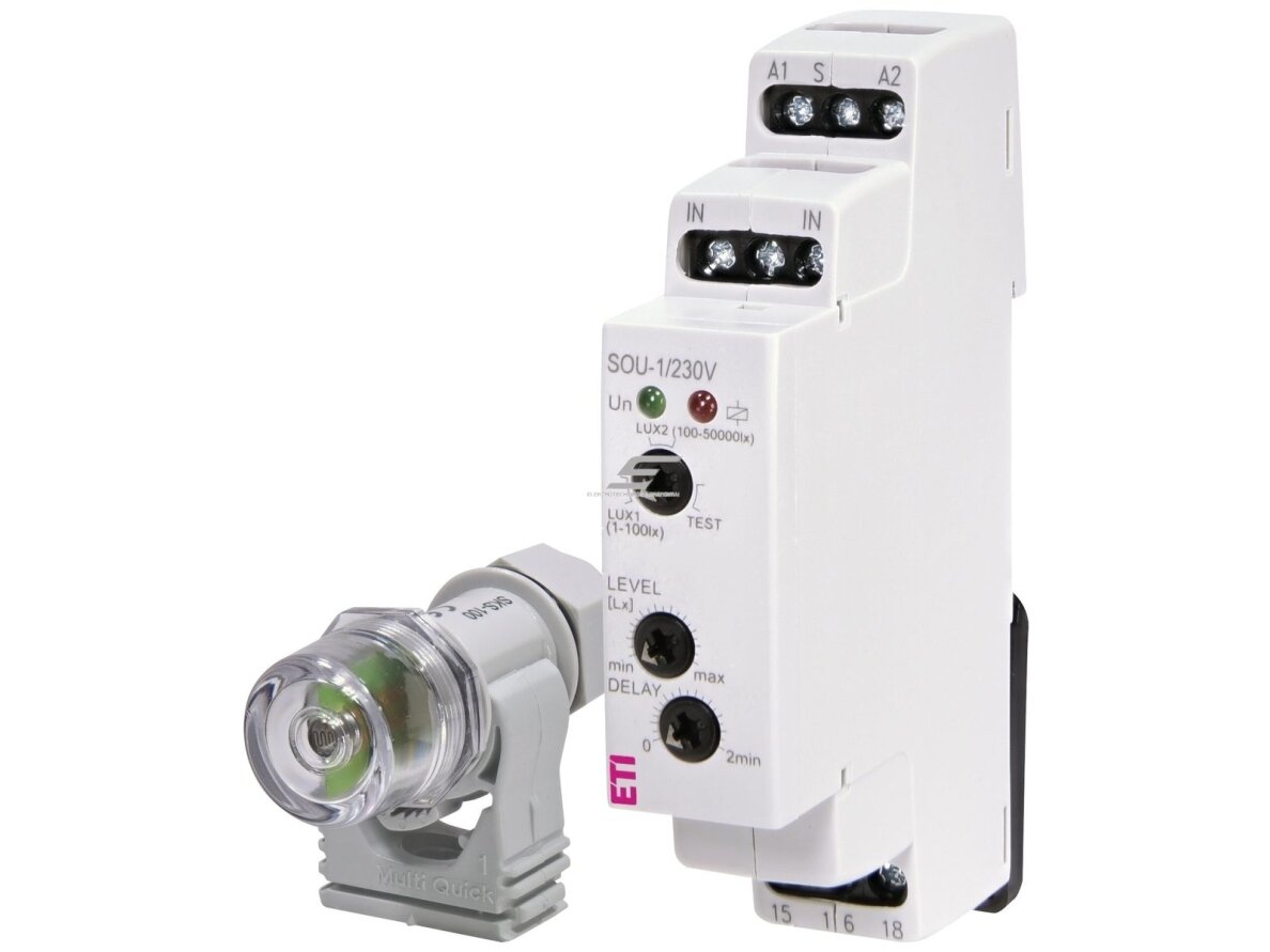 Modulinė foto relė su jutikliu | 16A | 230VAC | 1-50000Lux | IP40 | Eti | SOU-1 | 002470011 Modulinė foto relė su jutikliu | 16A | 230VAC | 1-50000Lux | IP40 | Eti | SOU-1 | 002470011