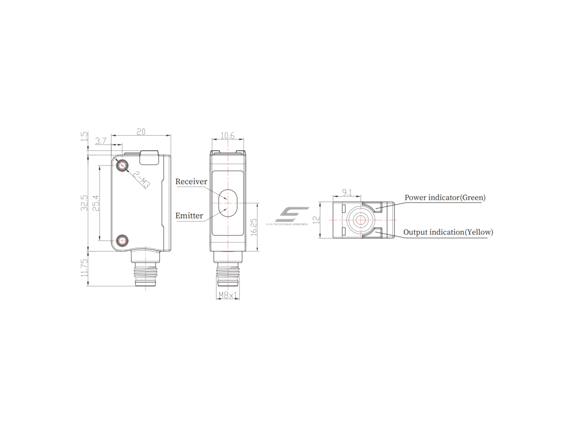 Fotoelektrinis jutiklis | TOF | 1000mm | 32,5x20x12mm | 10-30VDC | NO/NC | PNP | M8 | ABS | infraraudonųjų spindulių lazeris | IP67 1