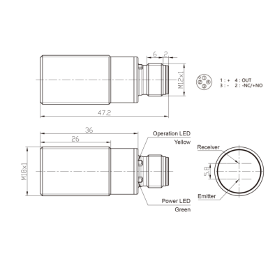 Fotoelektriline andur taustasummutusega | 100 mm | M18 | 10-30VDC | NO/NC | NPN | M12 | nikli-vask korpus | punase valguse kiir | IP67 Fotoelektriline andur taustasummutusega | 100 mm | M18 | 10-30VDC | NO/NC | NPN | M12 | nikli-vask korpus | punase valguse kiir | IP67