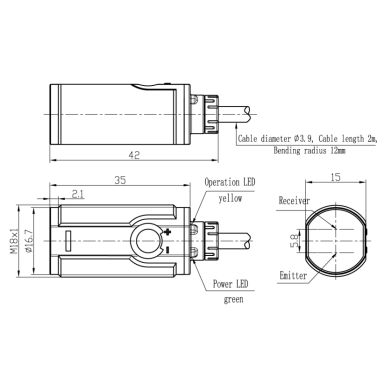 Fotoelektriline andur tausta mahasurumisega | 100mm | M18 | 10-30VDC | NO/NC | PNP | 2m kaabel | ABS | punane valguskiir | IP67 Fotoelektriline andur tausta mahasurumisega | 100mm | M18 | 10-30VDC | NO/NC | PNP | 2m kaabel | ABS | punane valguskiir | IP67