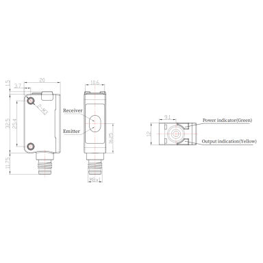 Fotoelektriskais sensors | TOF | 1000mm | 32,5x20x12mm | 10-30VDC | NO/NC | PNP | M8 | ABS | infrasarkanais lāzers | IP67 Fotoelektriskais sensors | TOF | 1000mm | 32,5x20x12mm | 10-30VDC | NO/NC | PNP | M8 | ABS | infrasarkanais lāzers | IP67