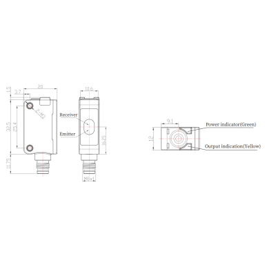 Fotoelektriskais sensors | TOF | 3000mm | 32,5x20x12mm | 10-30VDC | NO/NC | PNP | M8 | ABS | infrasarkanais lāzers | IP67 Fotoelektriskais sensors | TOF | 3000mm | 32,5x20x12mm | 10-30VDC | NO/NC | PNP | M8 | ABS | infrasarkanais lāzers | IP67