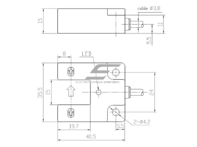 Fotoelektrinis jutiklis | nutraukiamo spindulio | U formos | šakutės tipo | 15mm | 40x35x15mm | 10-30VDC | NC | NPN | 2m kabelis | PBT | infraraudonųjų LED spindulių | IP64 1