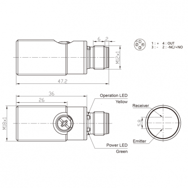 Fotoelektriline difuusandur | 1000mm | M18 | 10-30VDC | NO/NC | PNP | M12 | nikli-vask korpus | infrapuna | IP67 1