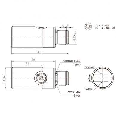 Fotoelektryczny czujnik dyfuzyjny | 400mm | M18 | 10-30VDC | NO/NC | PNP | M12 | obudowa niklowo-miedziana | IP67 1 Fotoelektryczny czujnik dyfuzyjny | 400mm | M18 | 10-30VDC | NO/NC | PNP | M12 | obudowa niklowo-miedziana | IP67 1