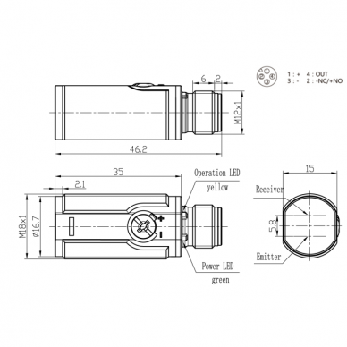 Fotoelektriskais difūzais sensors | 100mm | M18 | 10-30VDC | NO/NC | NPN | M12 | ABS | IP67 1 Fotoelektriskais difūzais sensors | 100mm | M18 | 10-30VDC | NO/NC | NPN | M12 | ABS | IP67 1
