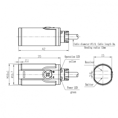 Fotoelektriline difuusandur | 400mm | M18 | 10-30VDC | NO/NC | PNP | 2m kaabel | ABS | IP67 1 Fotoelektriline difuusandur | 400mm | M18 | 10-30VDC | NO/NC | PNP | 2m kaabel | ABS | IP67 1