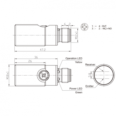 Fotoelektriline difuusandur | 100mm | M18 | 10-30VDC | NO/NC | PNP | M12 | nikli-vase korpus | IP67 1