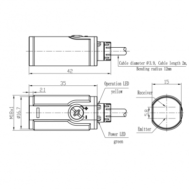 Fotoelektriline difuusandur | 400mm | M18 | 10-30VDC | NO/NC | PNP | 2m kaabel | ABS | IP67 1 Fotoelektriline difuusandur | 400mm | M18 | 10-30VDC | NO/NC | PNP | 2m kaabel | ABS | IP67 1