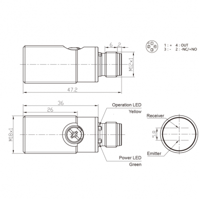 Fotoelektryczny czujnik dyfuzyjny | 400mm | M18 | 10-30VDC | NO/NC | PNP | M12 | obudowa niklowo-miedziana | IP67 1 Fotoelektryczny czujnik dyfuzyjny | 400mm | M18 | 10-30VDC | NO/NC | PNP | M12 | obudowa niklowo-miedziana | IP67 1