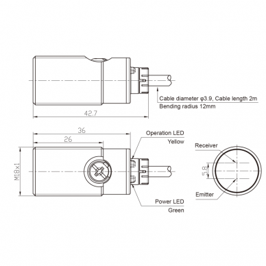 Fotoelektriline difuusandur | 1000mm | M18 | 10-30VDC | NO/NC | NPN | 2m kaabel | nikli-vask korpus | infrapuna | IP67 1 Fotoelektriline difuusandur | 1000mm | M18 | 10-30VDC | NO/NC | NPN | 2m kaabel | nikli-vask korpus | infrapuna | IP67 1