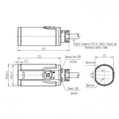 Fotoelektriskais sensors | polarizēts | caurspīdīgu objektu noteikšanai | 2000mm | M18 | 10-30VDC | NO/NC | PNP | 2m kabelis | ABS | sarkanas gaismas stars | IP67 1