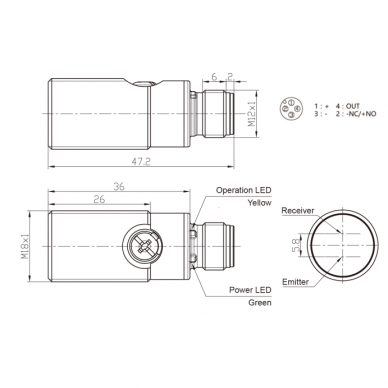 Photoelectric sensor | polarized | 3000 mm | M18 | 10-30VDC | NO/NC | PNP | M12 | nickel-copper housing | red light beam | IP67 1