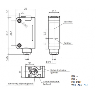 Photoelectric sensor with background suppression | 350mm | 32,5x20x12mm | 10-30VDC | NO/NC | PNP | 2m cable | ABS | Red light beam | IP67 1