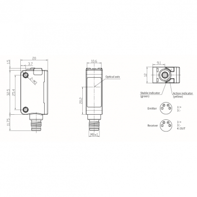 Fotoelektriskais sensors | Pārtraukta stara tips | Raidītājs + uztvērējs | 10m | 32,5x20x12mm | 10-30VDC | NO/NC | NPN | M8 | ABS | Sarkanās gaismas stars | IP67 1 Fotoelektriskais sensors | Pārtraukta stara tips | Raidītājs + uztvērējs | 10m | 32,5x20x12mm | 10-30VDC | NO/NC | NPN | M8 | ABS | Sarkanās gaismas stars | IP67 1