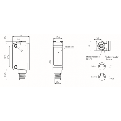 Czujnik fotoelektryczny | Typ z przerwanym promieniem | Nadajnik + odbiornik | 10m | 32,5x20x12mm | 10-30VDC | NO/NC | PNP | M8 | ABS | Czerwony promień światła | IP67 1 Czujnik fotoelektryczny | Typ z przerwanym promieniem | Nadajnik + odbiornik | 10m | 32,5x20x12mm | 10-30VDC | NO/NC | PNP | M8 | ABS | Czerwony promień światła | IP67 1
