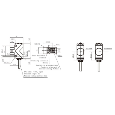 Fotoelektriskais sensors | Pārtraukta stara tips | Raidītājs + uztvērējs | 20m | M8 | 10-30VDC | NO/NC | PNP | 2m kabelis | ABS | infrasarkano LED staru | IP67 1