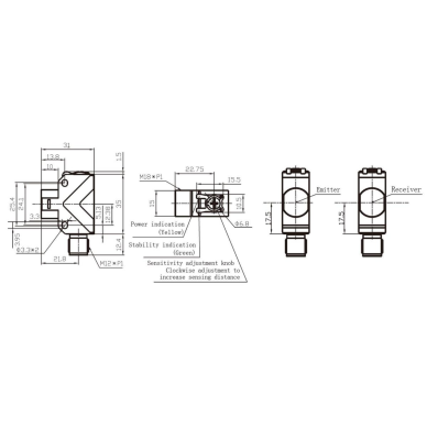 Photoelectric sensor | Through-beam type | Transmitter + receiver | 20m | M8 | 10-30VDC | NO/NC | PNP | M12 | ABS | infrared LED | IP67 1