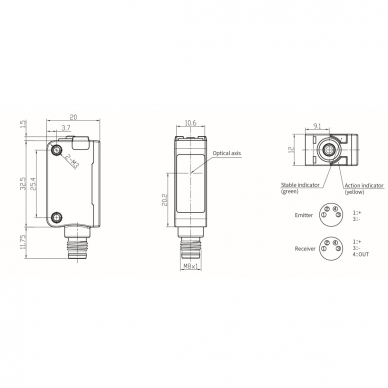 Fotoelektriline andur | Katkenud kiire tüüp | Saatja + vastuvõtja | 20m | 32,5x20x12mm | 10-30VDC | NO/NC | PNP | M8 | ABS | infrapuna | IP67 1