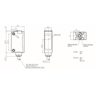 Fotoelektriskais sensors | Pārtraukta stara tips | Raidītājs + uztvērējs | 10m | 32,5x20x12mm | 10-30VDC | NO/NC | PNP | 2m kabelis | ABS | Sarkanās gaismas stars | IP67 1 Fotoelektriskais sensors | Pārtraukta stara tips | Raidītājs + uztvērējs | 10m | 32,5x20x12mm | 10-30VDC | NO/NC | PNP | 2m kabelis | ABS | Sarkanās gaismas stars | IP67 1