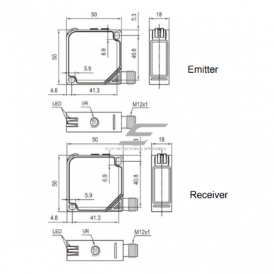 Photoelectric sensor | Through-beam type | Transmitter + receiver | 60m | 50x50x18mm | 10-30VDC | NO/NC | NPN+PNP | M12 | ABS | infrared LED | IP67 1