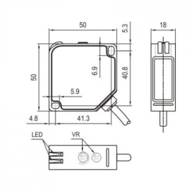 Fotoelektriskais sensors | polarizēts | caurspīdīgu objektu noteikšanai | 5000mm | 50x50x18mm | 10–30VDC | NO/NC | NPN+PNP | 2 m kabelis | ABS | sarkanas LED stars | IP67 1