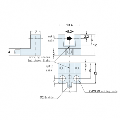 Czujnik fotoelektryczny | Typ przerywanej wiązki | W kształcie litery U | 5mm | 13,4x12,6mm | 5–24VDC | NO/NC | NPN | Kabel 1m | PP | Wiązka podczerwieni LED | IP65 2