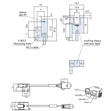 Photoelectric sensor | Through-beam type | U-shaped | 5mm | 21,3x13,7x13mm | 5–24VDC | NO/NC | NPN | 5cm cable + 4-pin connector | PBT | Infrared LED beam | IP64 3 Photoelectric sensor | Through-beam type | U-shaped | 5mm | 21,3x13,7x13mm | 5–24VDC | NO/NC | NPN | 5cm cable + 4-pin connector | PBT | Infrared LED beam | IP64 3