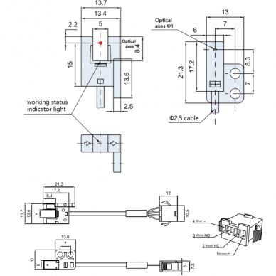 Fotoelektriskais sensors | Pārtraukta staru tipa | U veida | 5mm | 21,3x13,7x6mm | 5–24VDC | NO/NC | NPN | 5cm kabelis + 4 kontaktu savienotājs | PBT | Infrasarkanā LED staru | IP64 3 Fotoelektriskais sensors | Pārtraukta staru tipa | U veida | 5mm | 21,3x13,7x6mm | 5–24VDC | NO/NC | NPN | 5cm kabelis + 4 kontaktu savienotājs | PBT | Infrasarkanā LED staru | IP64 3