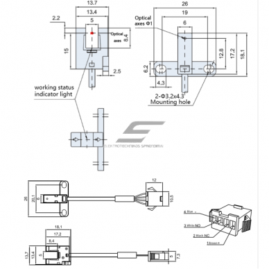 Fotoelektriskais sensors | Pārtraukta staru tipa | U veida | 5mm | 26x18,1x13,7mm | 5–24VDC | NO/NC | NPN | 5cm kabelis + 4 kontaktu savienotājs | PBT | Infrasarkanā LED staru | IP64 3