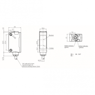 Fotoelektriline difuusandur | 100mm | 32,5x20x12mm | 10-30VDC | NO/NC | PNP | 2m kaabel | ABS | infrapuna | IP67 1 Fotoelektriline difuusandur | 100mm | 32,5x20x12mm | 10-30VDC | NO/NC | PNP | 2m kaabel | ABS | infrapuna | IP67 1