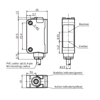 Czujnik fotoelektryczny | spolaryzowany | 1000mm | 32,5x20x12mm | 10-30VDC | NO/NC | PNP | kabel 2m | ABS | czerwony promień światła | IP67 1 Czujnik fotoelektryczny | spolaryzowany | 1000mm | 32,5x20x12mm | 10-30VDC | NO/NC | PNP | kabel 2m | ABS | czerwony promień światła | IP67 1