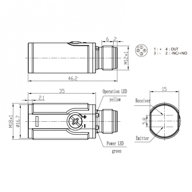 Fotoelektriline andur | polariseeritud | läbipaistvate objektide tuvastamiseks | 2000mm | M18 | 10-30VDC | NO/NC | PNP | M12 | ABS | punase valguse kiir | IP67 1 Fotoelektriline andur | polariseeritud | läbipaistvate objektide tuvastamiseks | 2000mm | M18 | 10-30VDC | NO/NC | PNP | M12 | ABS | punase valguse kiir | IP67 1