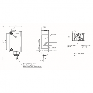 Photoelectric sensor | polarized | 3000mm | 32,5x20x12mm | 10-30VDC | NO/NC | PNP | 2 m cable | ABS | red light beam | IP67 1