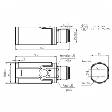 Photoelectric sensor with background suppression | 100mm | M18 | 10-30VDC | NO/NC | PNP | M12 | ABS | red light beam | IP67 1