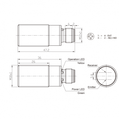 Czujnik fotoelektryczny z tłumieniem tła | 100 mm | M18 | 10-30VDC | NO/NC | NPN | M12 | obudowa niklowo-miedziana | czerwony promień światła | IP67 1 Czujnik fotoelektryczny z tłumieniem tła | 100 mm | M18 | 10-30VDC | NO/NC | NPN | M12 | obudowa niklowo-miedziana | czerwony promień światła | IP67 1