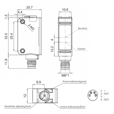 Photoelectric sensor with background suppression | 350mm | 32,5x20,7x10,6mm | 10-30VDC | NO+NC | PNP | M8 | ABS | red laser | IP67 1