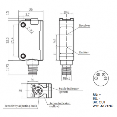 Fotoelektriline andur taustasummutusega | 250mm | 32,5x20x12mm | 10-30VDC | NO/NC | PNP | M8 | ABS | Punase valguse kiir | IP67 1 Fotoelektriline andur taustasummutusega | 250mm | 32,5x20x12mm | 10-30VDC | NO/NC | PNP | M8 | ABS | Punase valguse kiir | IP67 1