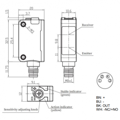 Fotoelektriline andur taustasummutusega | 350mm | 32,5x20x12mm | 10-30VDC | NO/NC | PNP | M8 | ABS | Punase valguse kiir | IP67 1 Fotoelektriline andur taustasummutusega | 350mm | 32,5x20x12mm | 10-30VDC | NO/NC | PNP | M8 | ABS | Punase valguse kiir | IP67 1