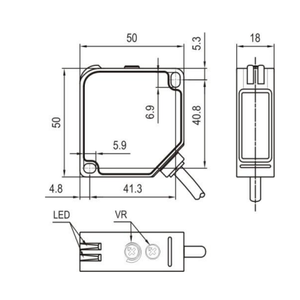 Czujnik fotoelektryczny | polaryzowany | do wykrywania przezroczystych obiektów | 5000mm | 50x50x18mm | 24-240VAC/DC | kabel 2m | ABS | czerwone światło LED | IP67 1 Czujnik fotoelektryczny | polaryzowany | do wykrywania przezroczystych obiektów | 5000mm | 50x50x18mm | 24-240VAC/DC | kabel 2m | ABS | czerwone światło LED | IP67 1