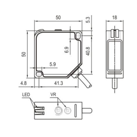 Fotoelektriskais sensors | polarizēts | caurspīdīgu objektu noteikšanai | 5000mm | 50x50x18mm | 10–30VDC | NO/NC | NPN+PNP | 2 m kabelis | ABS | sarkanas LED stars | IP67 1