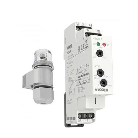 Moodul-fotorelee | hämaralüliti välise anduriga | 16 A | 230 V AC | 1–50 000 lx | 1CO | andur IP56 | DIN | VEXEN | VSOU-1