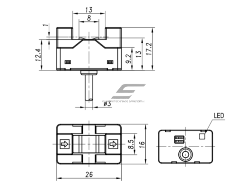 Fotoelektrinis jutiklis | nutraukiamo spindulio | skysčių aptikimui | U formos | šakutės tipo | 6-13mm | 16x17,2x26mm | 10-30VDC | NO/NC | PNP | 2m kabelis | PBT | infraraudonųjų spindulių | IP50 1