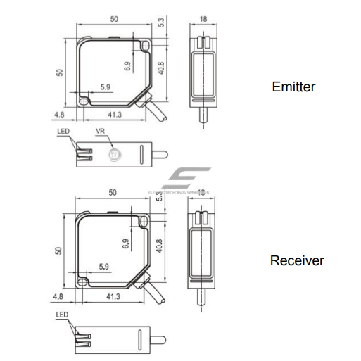 Photoelectric sensor | Through-beam type | Transmitter + receiver | 60m | 50x50x18mm | 24-240VAC/DC | 2m cable | ABS | infrared LED | IP67 1