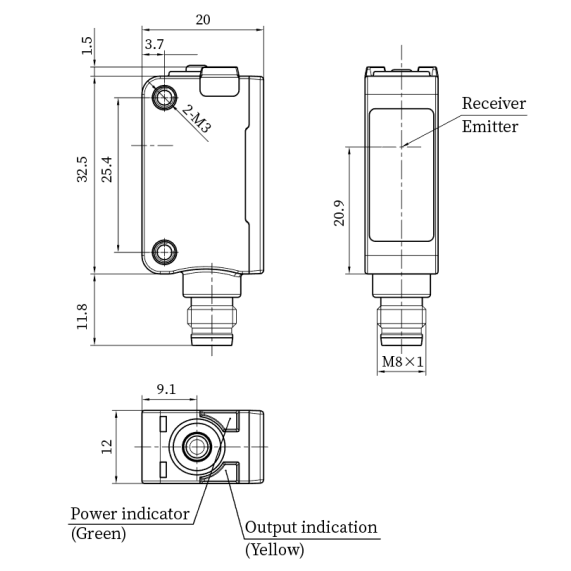 Photoelectric sensor | polarized | for transparent object detection | 500mm | 32,5x20x12mm | 10-30VDC | NO/NC | PNP | M8 | ABS | blue light beam | IP67 1 Photoelectric sensor | polarized | for transparent object detection | 500mm | 32,5x20x12mm | 10-30VDC | NO/NC | PNP | M8 | ABS | blue light beam | IP67 1