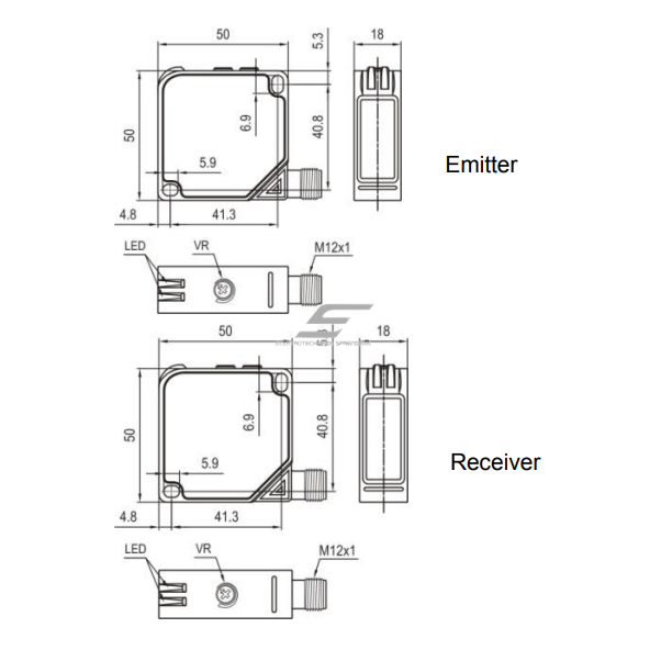 Photoelectric sensor | Through-beam type | Transmitter + receiver | 60m | 50x50x18mm | 10-30VDC | NO/NC | NPN+PNP | M12 | ABS | infrared LED | IP67 1