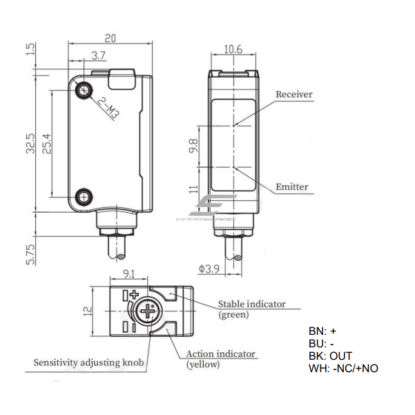 Czujnik fotoelektryczny z tłumieniem tła | 250mm | 32,5x20x12mm | 10-30VDC | NO/NC | PNP | Kabel 2m | ABS | Czerwony promień światła | IP67 1