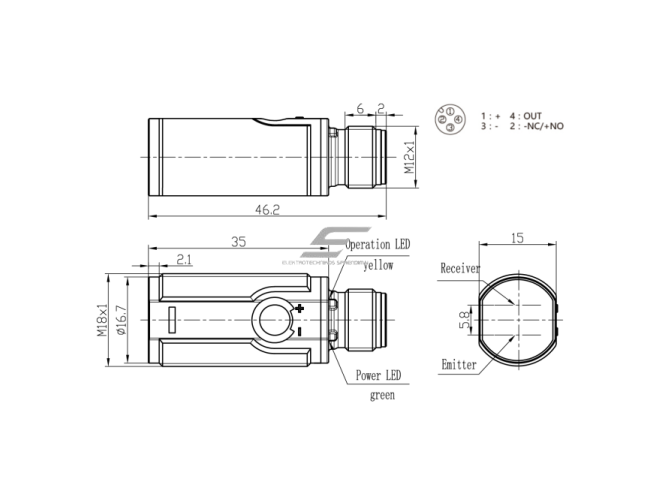 Fotoelektrinis jutiklis su fono slopinimu | 100mm | M18 | 10-30VDC | NO/NC | PNP | M12 | ABS | raudonos šviesos spindulių | IP67 1 Fotoelektrinis jutiklis su fono slopinimu | 100mm | M18 | 10-30VDC | NO/NC | PNP | M12 | ABS | raudonos šviesos spindulių | IP67 1